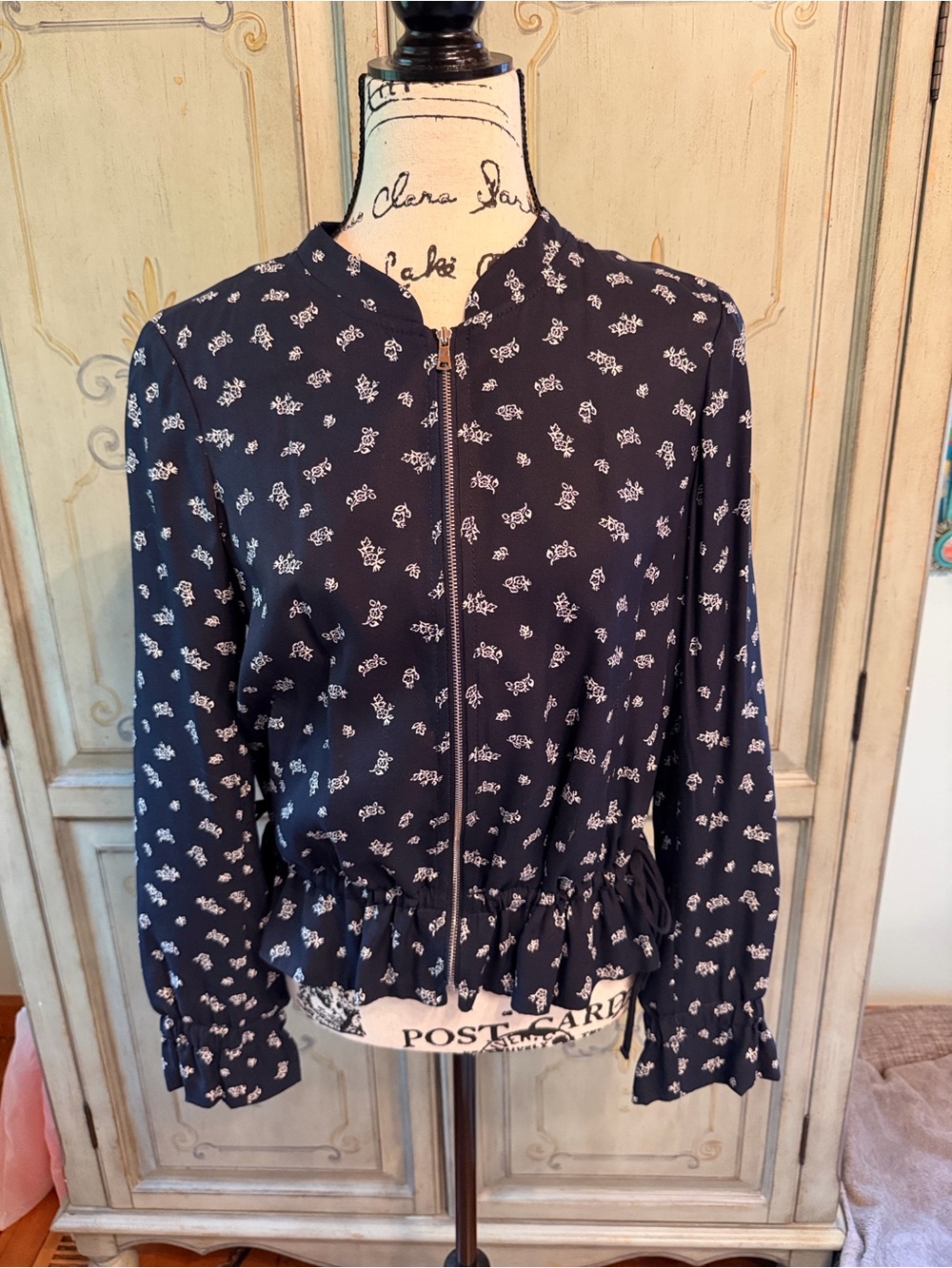 LOFT Navy Floral Zip Bomber Jacket